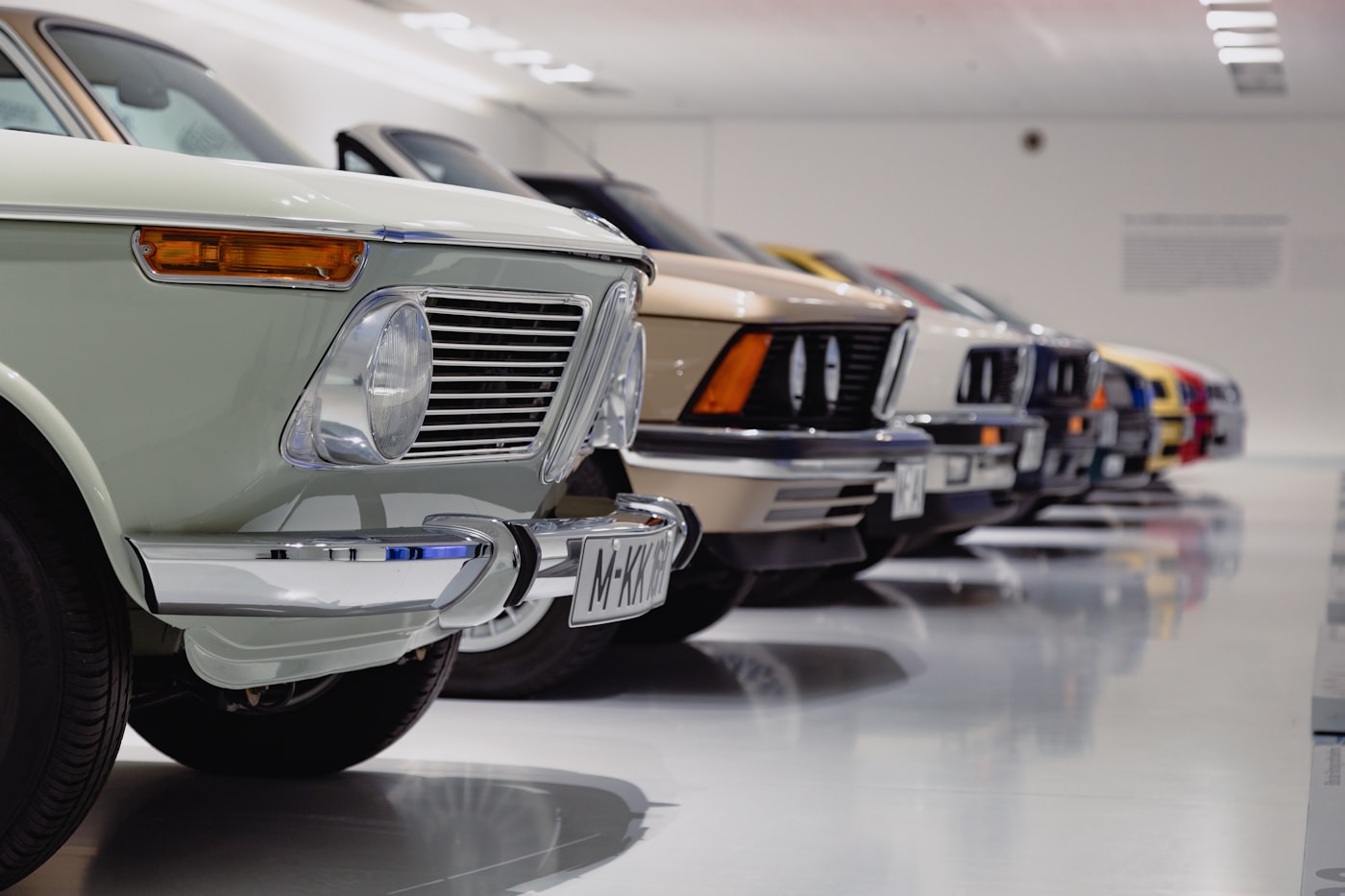 A row of well-kept vintage cars parked nose-out inside a clean showroom